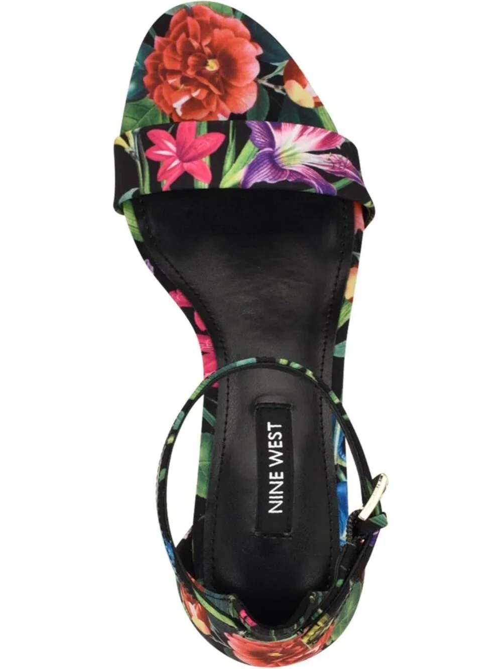 Women Black Lush Floral Round Toe Ankle Strap Wnpruce Block Heeled Sandal Shoes